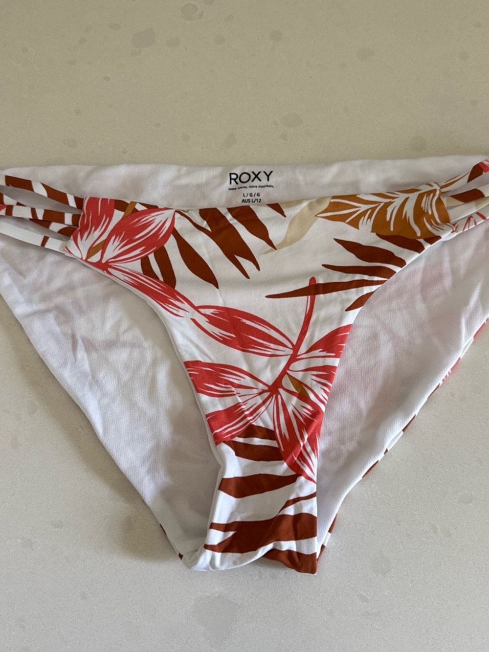 Roxy White Bikini Bottoms with Coral Pink & Rust Leaf Print